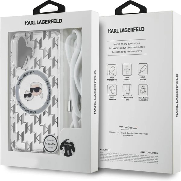 Karl Lagerfeld IML Monogram Crossbody K&CH Heads MagSafe kryt iPhone 16 priehľadný