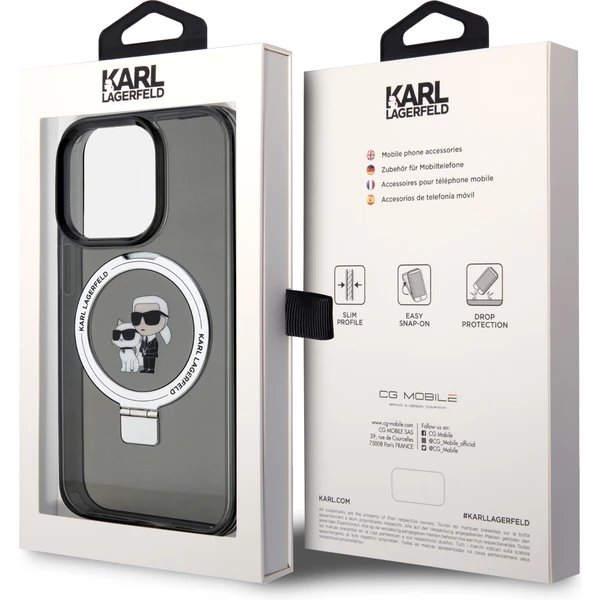 Karl Lagerfeld Ringstand Karl and Choupette MagSafe kryt iPhone 15 Pro Max čierny
