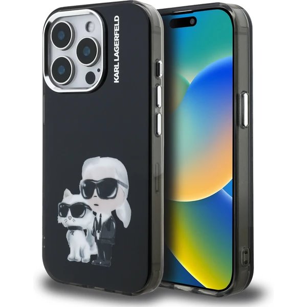 Karl Lagerfeld IML Aquarelle Karl and Choupette kryt iPhone 15 Pro Max čierny