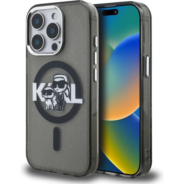 Karl Lagerfeld IML Glitter Karl and Choupette Sketch MagSafe kryt iPhone 15 Pro Max čierny