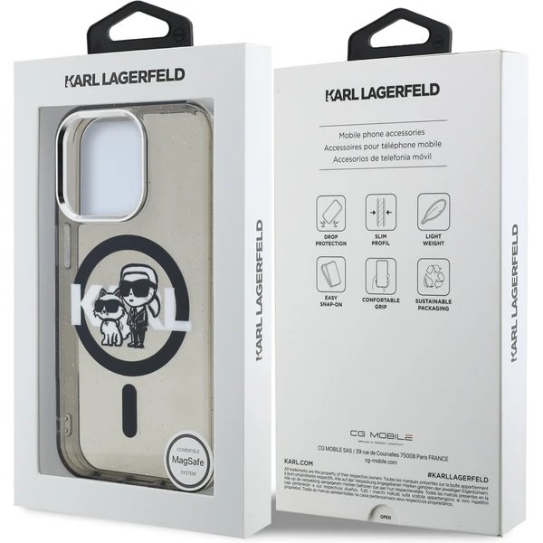 Karl Lagerfeld IML Glitter Karl and Choupette Sketch MagSafe kryt iPhone 15 Pro Max čierny