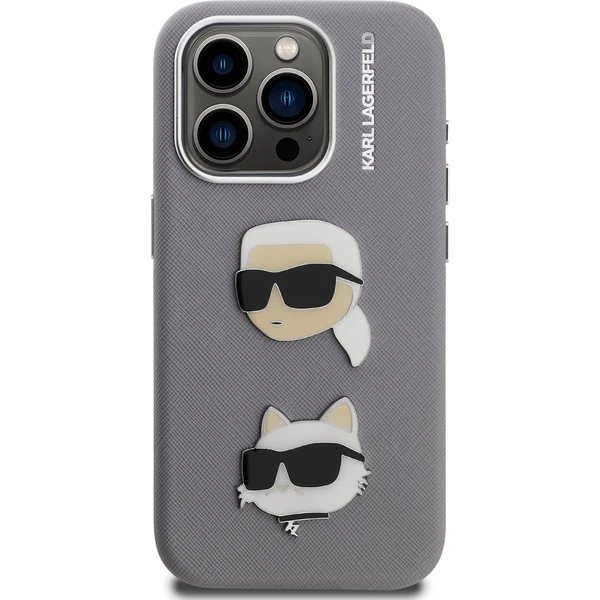 Karl Lagerfeld Grained PU K&CH Heads kryt iPhone 15 Pro Max šedý