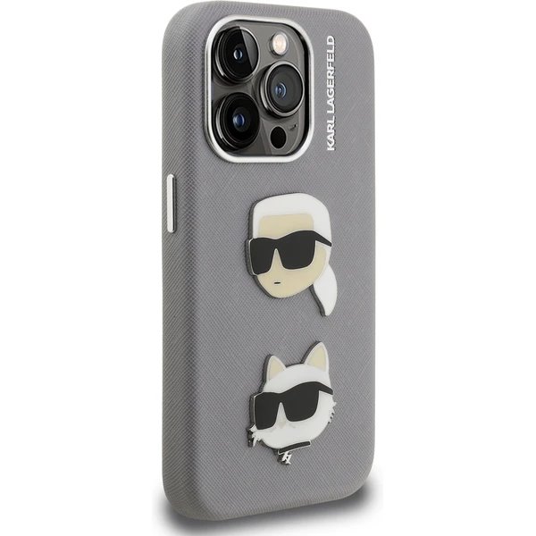 Karl Lagerfeld Grained PU K&CH Heads kryt iPhone 15 Pro Max šedý