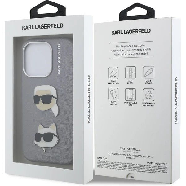 Karl Lagerfeld Grained PU K&CH Heads kryt iPhone 15 Pro Max šedý