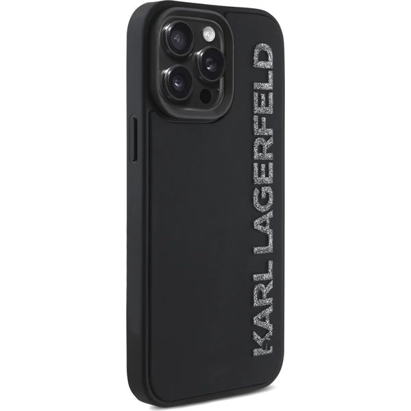 Karl Lagerfeld 3D Rubber Glitter Logo kryt iPhone 15 Max Pro čierny