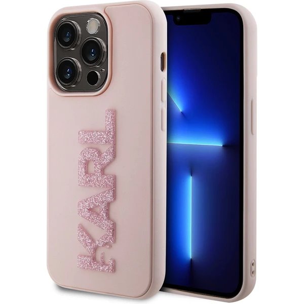 Karl Lagerfeld 3D Rubber Glitter Logo Karl kryt iPhone 15 Max Pro ružový
