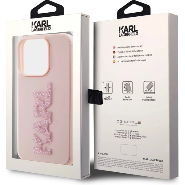 Karl Lagerfeld 3D Rubber Glitter Logo Karl kryt iPhone 15 Max Pro ružový