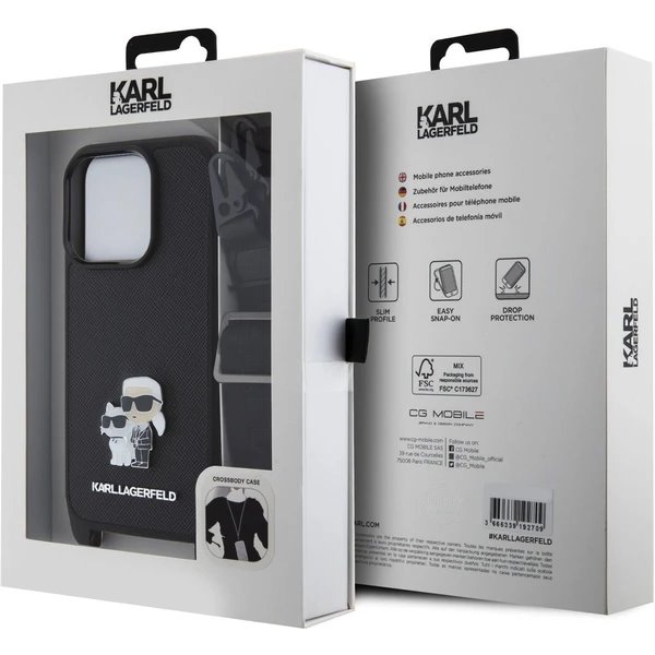 Karl Lagerfeld Saffiano Crossbody Popruh Metal Karl and Choupette kryt iPhone 15 Pro čierny