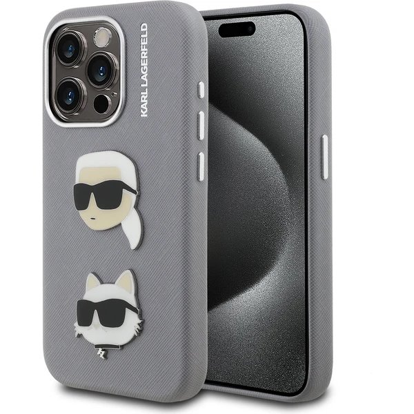 Karl Lagerfeld Grained PU K&CH Heads kryt iPhone 15 Pro šedý