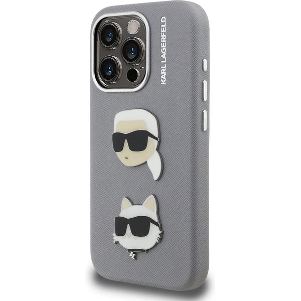 Karl Lagerfeld Grained PU K&CH Heads kryt iPhone 15 Pro šedý
