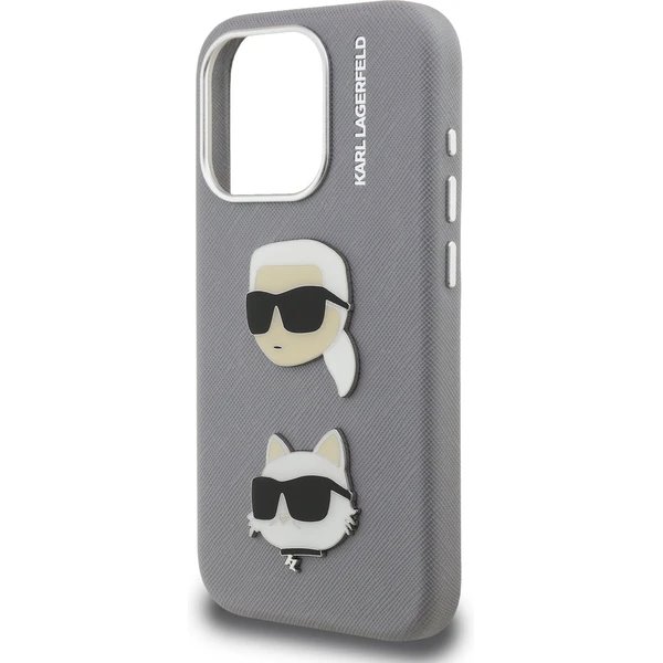 Karl Lagerfeld Grained PU K&CH Heads kryt iPhone 15 Pro šedý