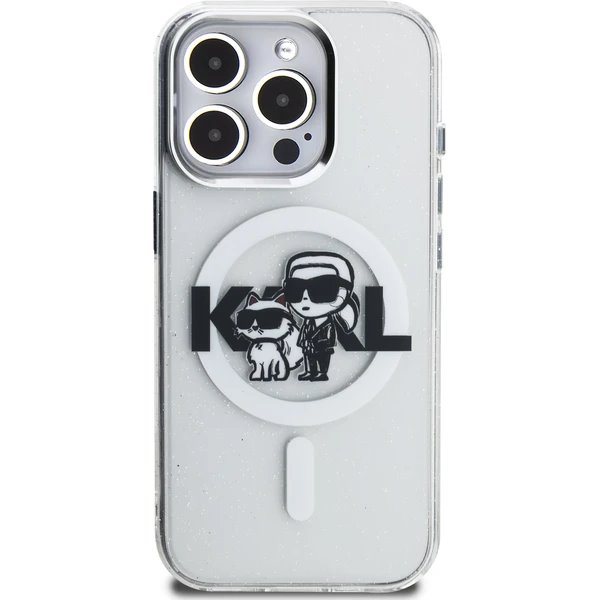 Karl Lagerfeld IML Glitter Karl and Choupette Sketch MagSafe kryt iPhone 15 Pro priehľadný