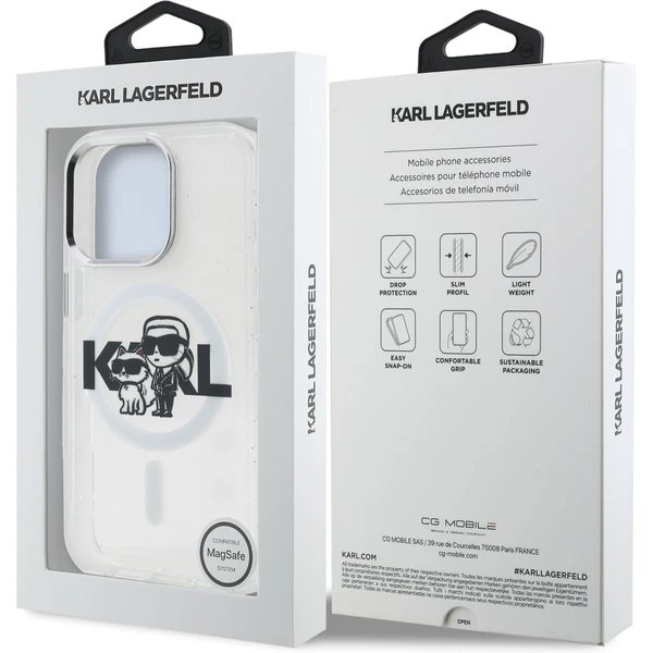 Karl Lagerfeld IML Glitter Karl and Choupette Sketch MagSafe kryt iPhone 15 Pro priehľadný