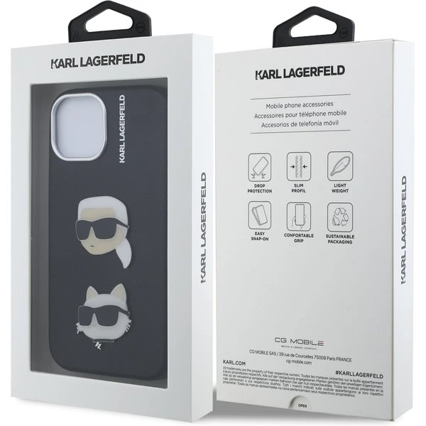 Karl Lagerfeld Grained PU K&CH Heads kryt iPhone 15 čierny