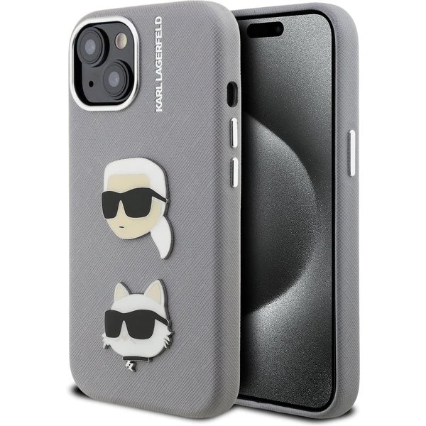 Karl Lagerfeld Grained PU K&CH Heads kryt iPhone 15 šedý