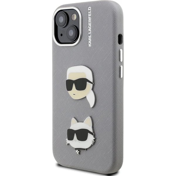 Karl Lagerfeld Grained PU K&CH Heads kryt iPhone 15 šedý