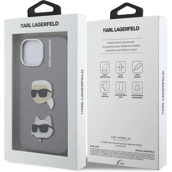 Karl Lagerfeld Grained PU K&CH Heads kryt iPhone 15 šedý
