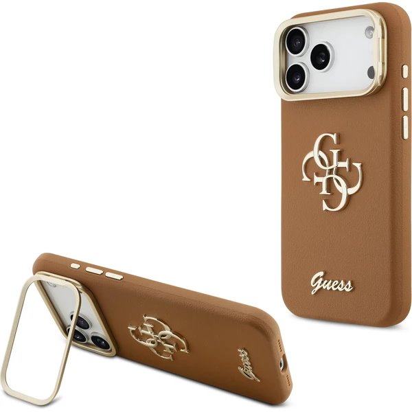 Guess PU Grained 4G Logo Stand Camera Frame kryt iPhone 17 Pro Max hnedý