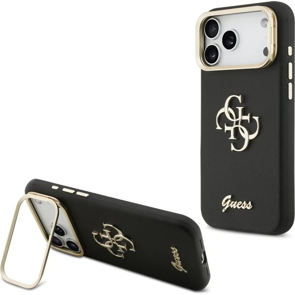 Guess PU Grained 4G Logo Stand Camera Frame kryt iPhone 17 Pro Max čierny
