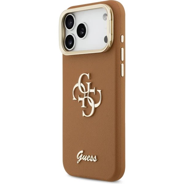 Guess PU Grained 4G Logo Stand Camera Frame kryt iPhone 17 Pro hnedý