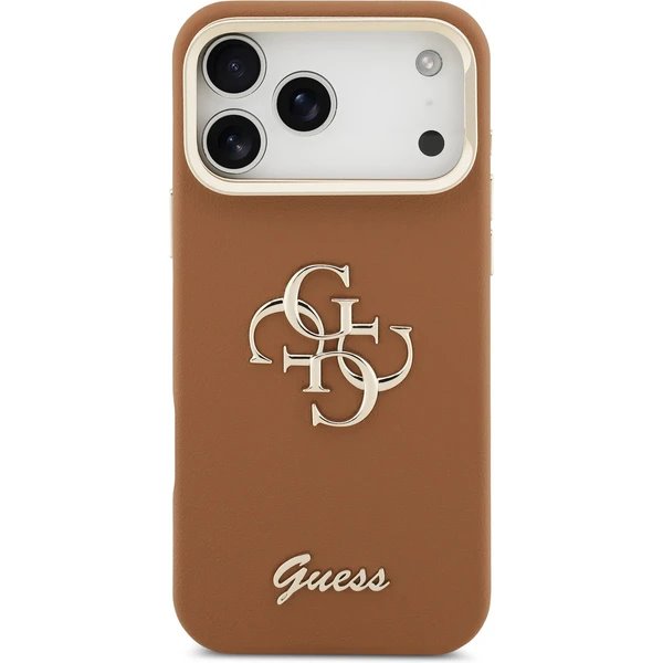 Guess PU Grained 4G Logo Stand Camera Frame kryt iPhone 17 Pro hnedý
