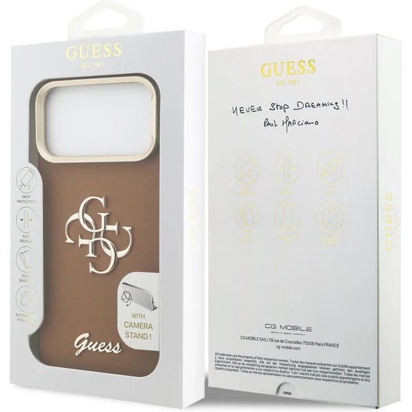 Guess PU Grained 4G Logo Stand Camera Frame kryt iPhone 17 Pro hnedý
