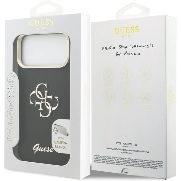 Guess PU Grained 4G Logo Stand Camera Frame kryt iPhone 17 Pro čierny