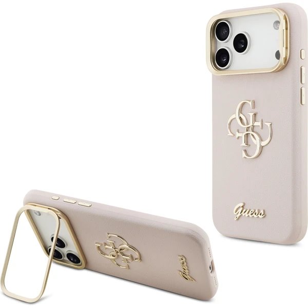 Guess PU Grained 4G Logo Stand Camera Frame kryt iPhone 17 Pro Max ružový