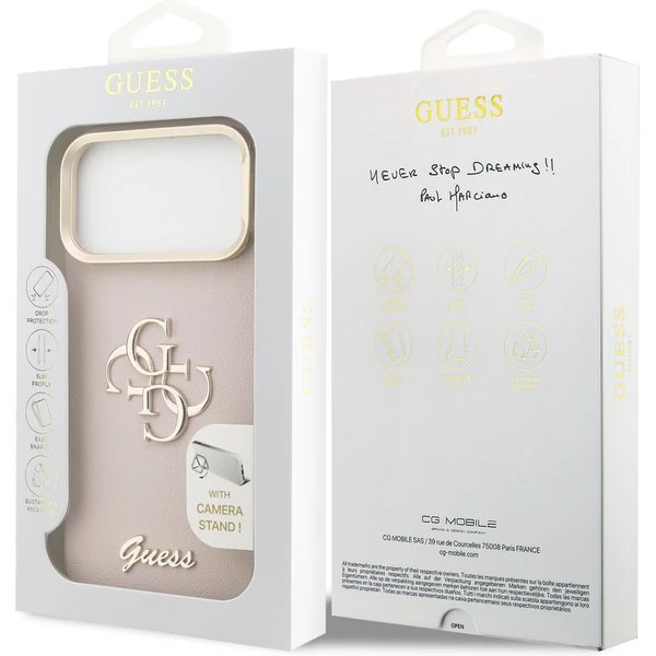 Guess PU Grained 4G Logo Stand Camera Frame kryt iPhone 17 Pro Max ružový