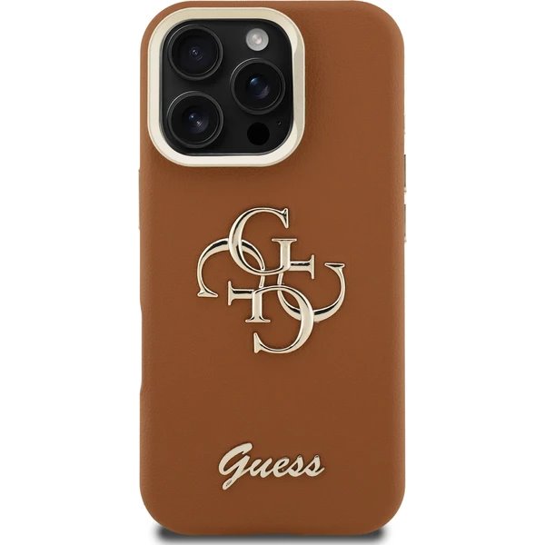 Guess PU Grained 4G Logo Stand Camera Frame kryt iPhone 16 Pro hnedý
