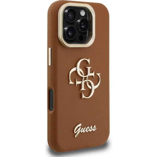 Guess PU Grained 4G Logo Stand Camera Frame kryt iPhone 16 Pro hnedý