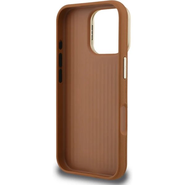 Guess PU Grained 4G Logo Stand Camera Frame kryt iPhone 16 Pro hnedý