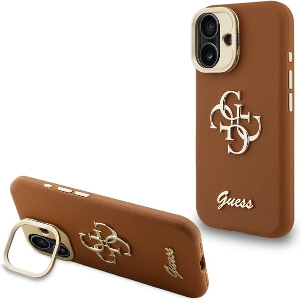 Guess PU Grained 4G Logo Stand Camera Frame kryt iPhone 16 hnedý