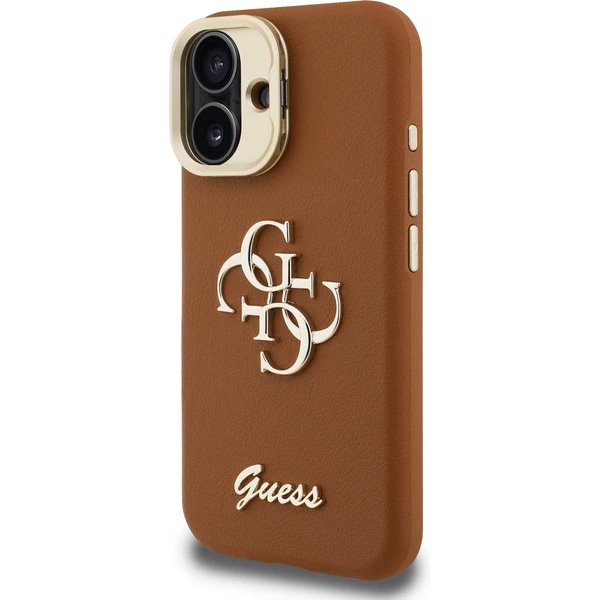 Guess PU Grained 4G Logo Stand Camera Frame kryt iPhone 16 hnedý