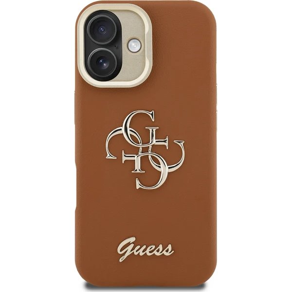 Guess PU Grained 4G Logo Stand Camera Frame kryt iPhone 16 hnedý