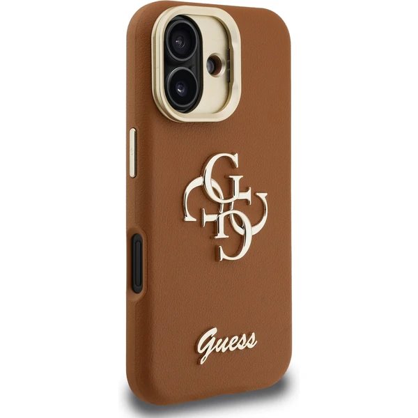 Guess PU Grained 4G Logo Stand Camera Frame kryt iPhone 16 hnedý