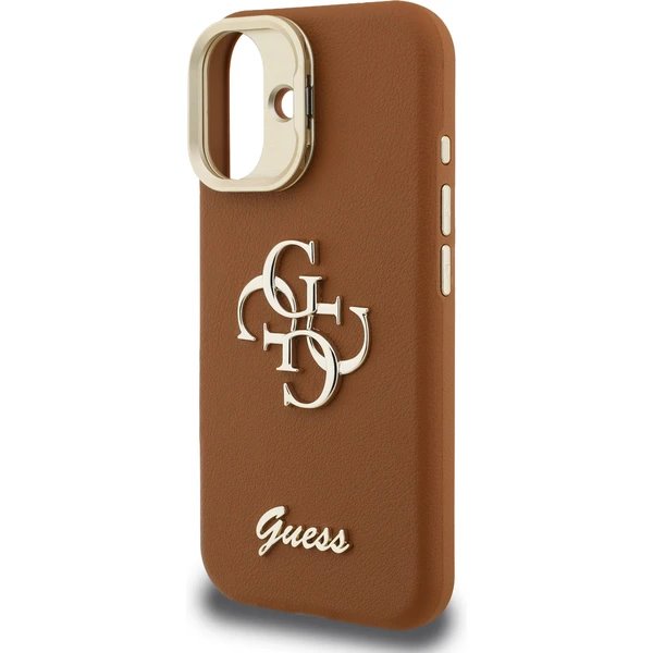 Guess PU Grained 4G Logo Stand Camera Frame kryt iPhone 16 hnedý