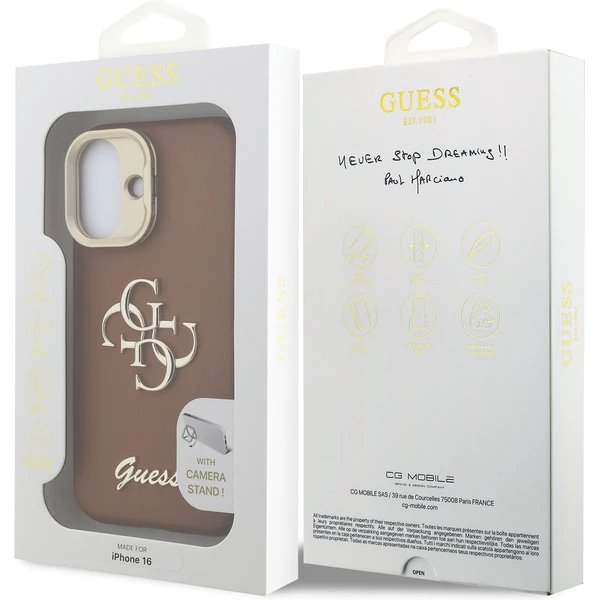 Guess PU Grained 4G Logo Stand Camera Frame kryt iPhone 16 hnedý