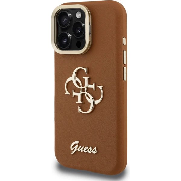Guess PU Grained 4G Logo Stand Camera Frame kryt iPhone 15 Pro Max hnedý