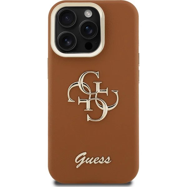 Guess PU Grained 4G Logo Stand Camera Frame kryt iPhone 15 Pro Max hnedý