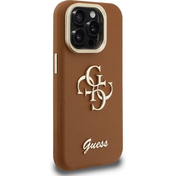 Guess PU Grained 4G Logo Stand Camera Frame kryt iPhone 15 Pro Max hnedý