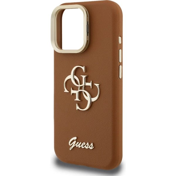 Guess PU Grained 4G Logo Stand Camera Frame kryt iPhone 15 Pro Max hnedý