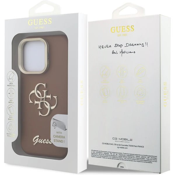 Guess PU Grained 4G Logo Stand Camera Frame kryt iPhone 15 Pro hnedý