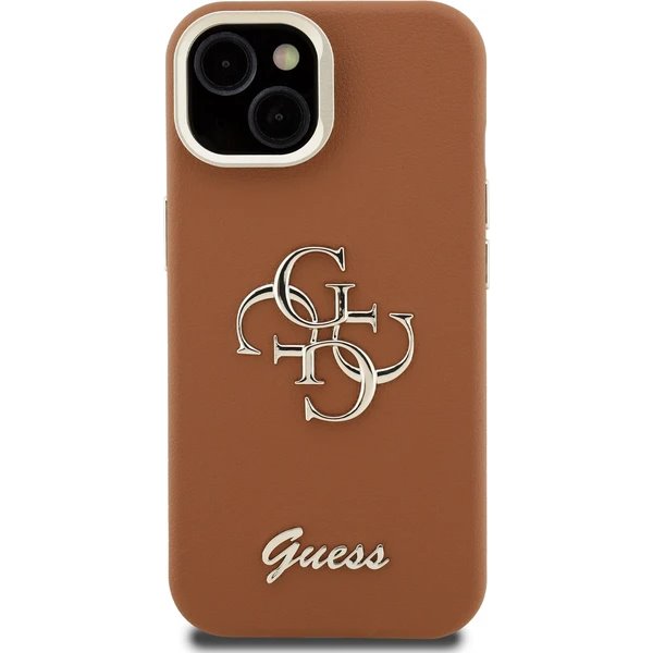 Guess PU Grained 4G Logo Stand Camera Frame kryt iPhone 15 hnedý