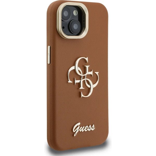 Guess PU Grained 4G Logo Stand Camera Frame kryt iPhone 15 hnedý