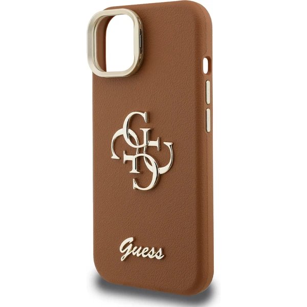 Guess PU Grained 4G Logo Stand Camera Frame kryt iPhone 15 hnedý