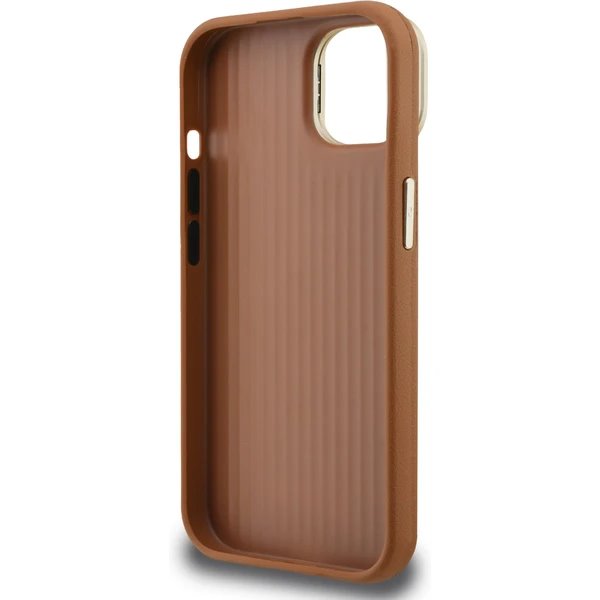 Guess PU Grained 4G Logo Stand Camera Frame kryt iPhone 15 hnedý