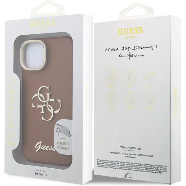 Guess PU Grained 4G Logo Stand Camera Frame kryt iPhone 15 hnedý