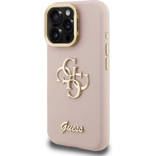 Guess PU Grained 4G Logo Stand Camera Frame kryt iPhone 15 Pro ružový