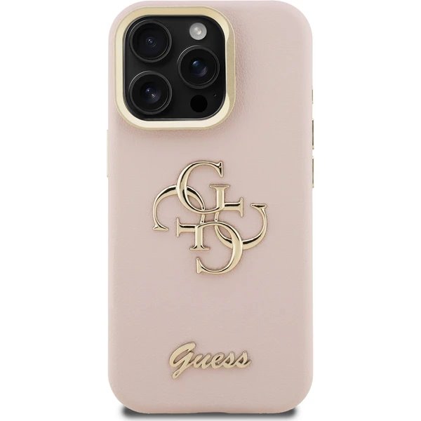 Guess PU Grained 4G Logo Stand Camera Frame kryt iPhone 15 Pro ružový